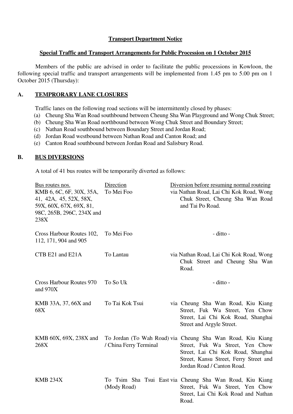 Transport Department Notice Special Traffic and Transport Arrangements