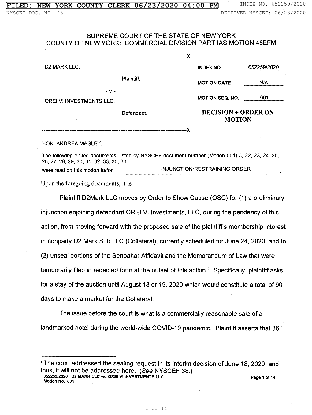 Filed: New York County Clerk 06/23/2020 04:00 Pm Index No