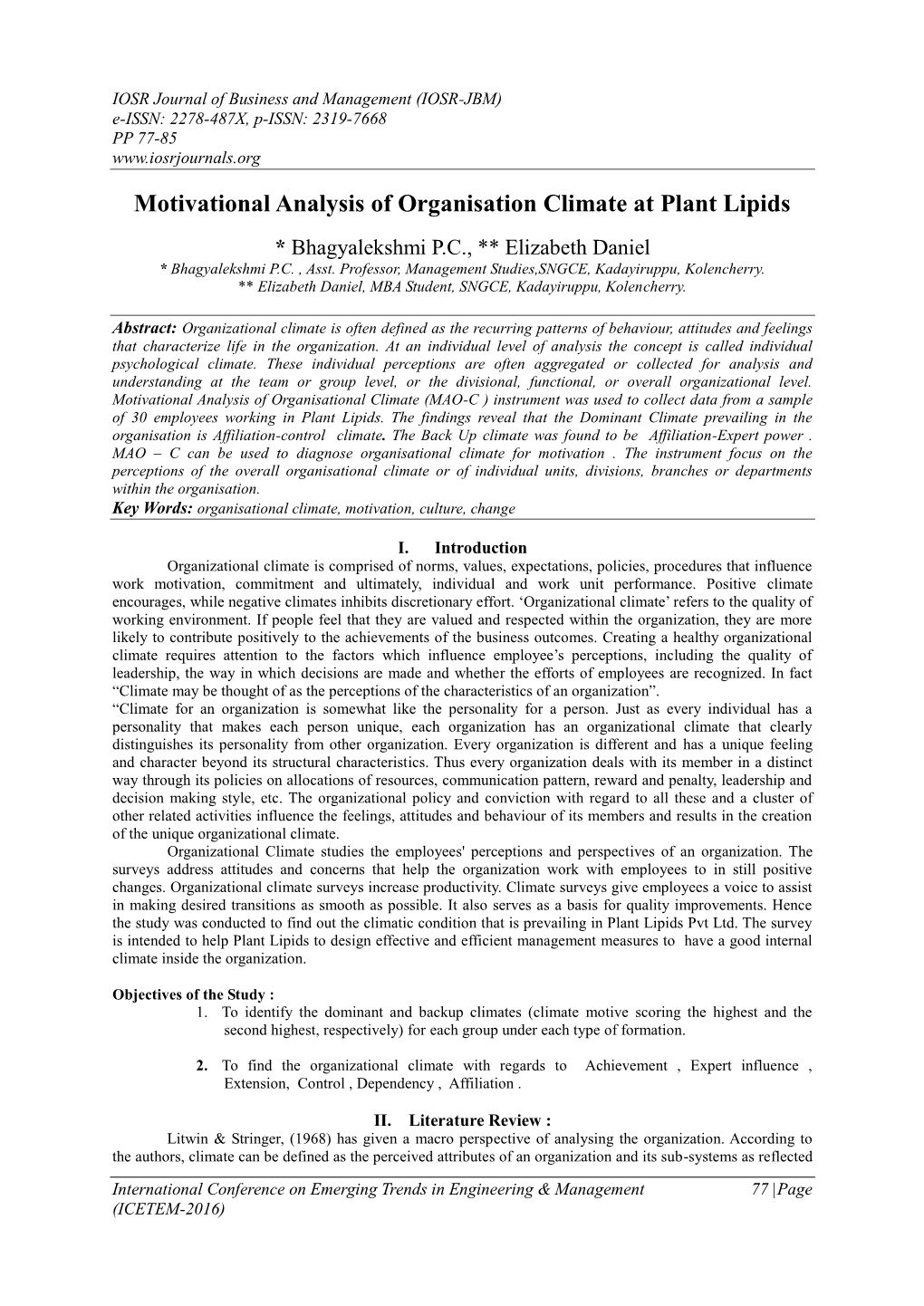 Motivational Analysis of Organisation Climate at Plant Lipids