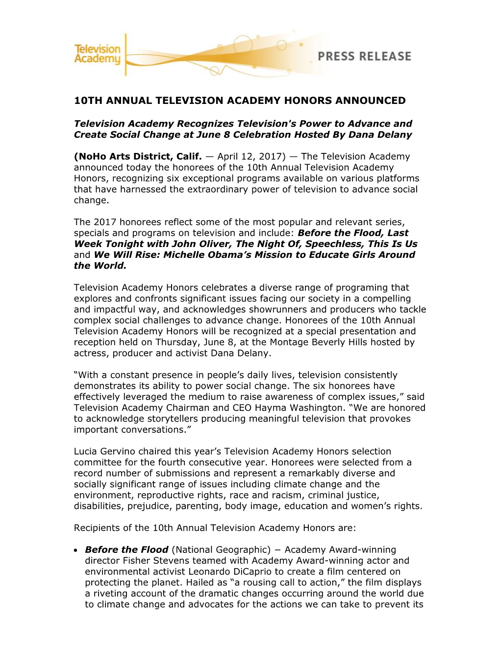 10Th Annual Television Academy Honors Announced