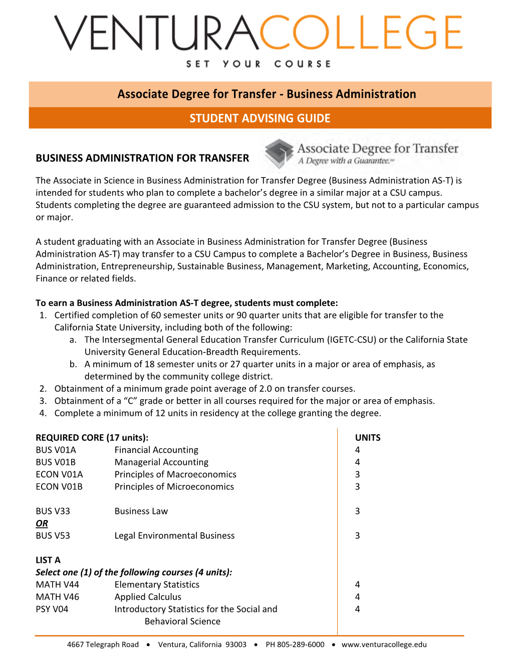 Associate Degree for Transfer - Business Administration STUDENT ADVISING GUIDE