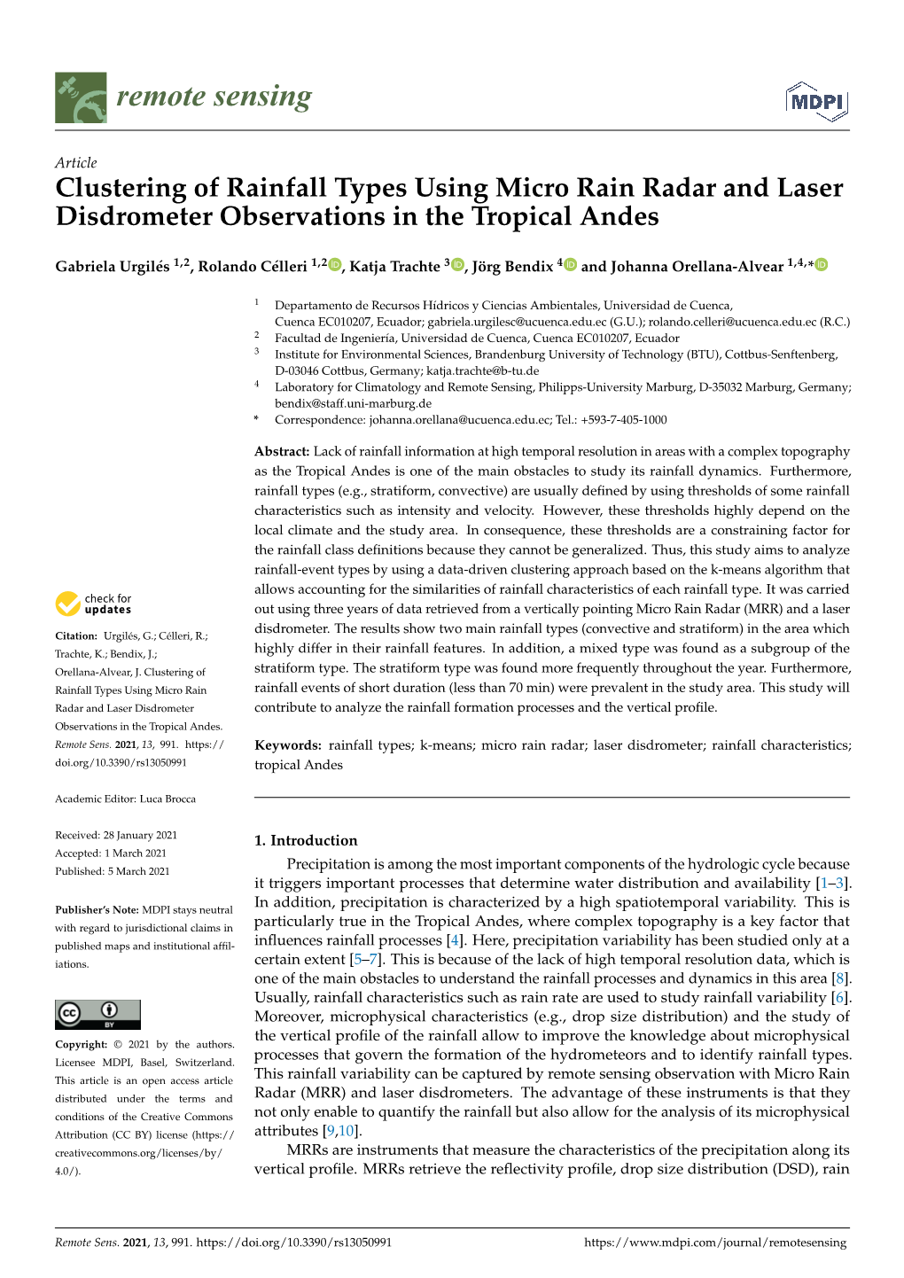 Clustering of Rainfall Types Using Micro Rain Radar and Laser Disdrometer Observations in the Tropical Andes