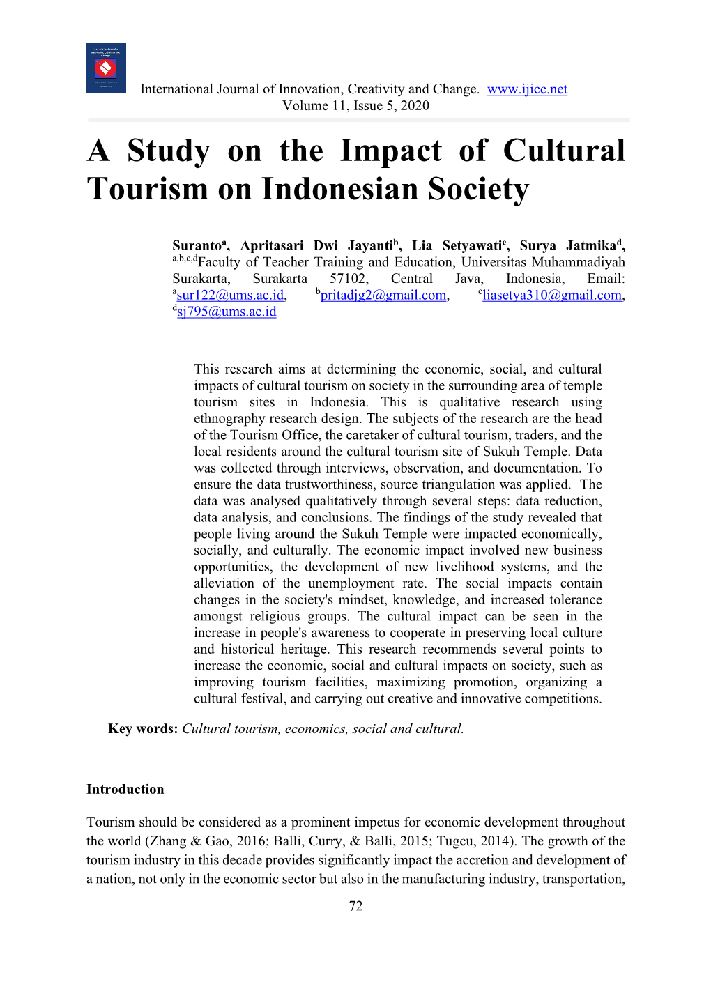 A Study on the Impact of Cultural Tourism on Indonesian Society