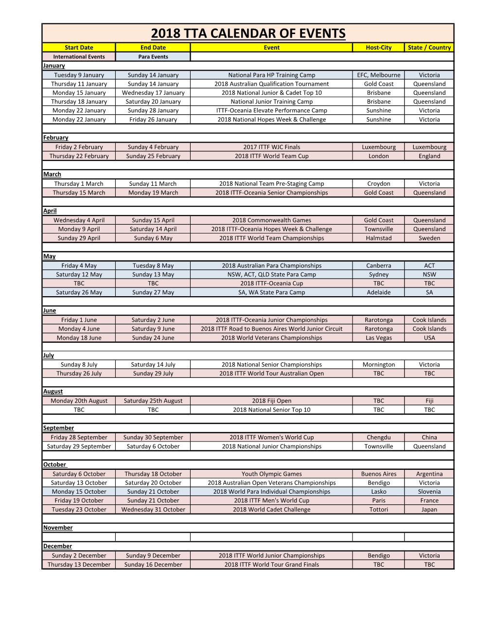 2018 Tta Calendar of Events