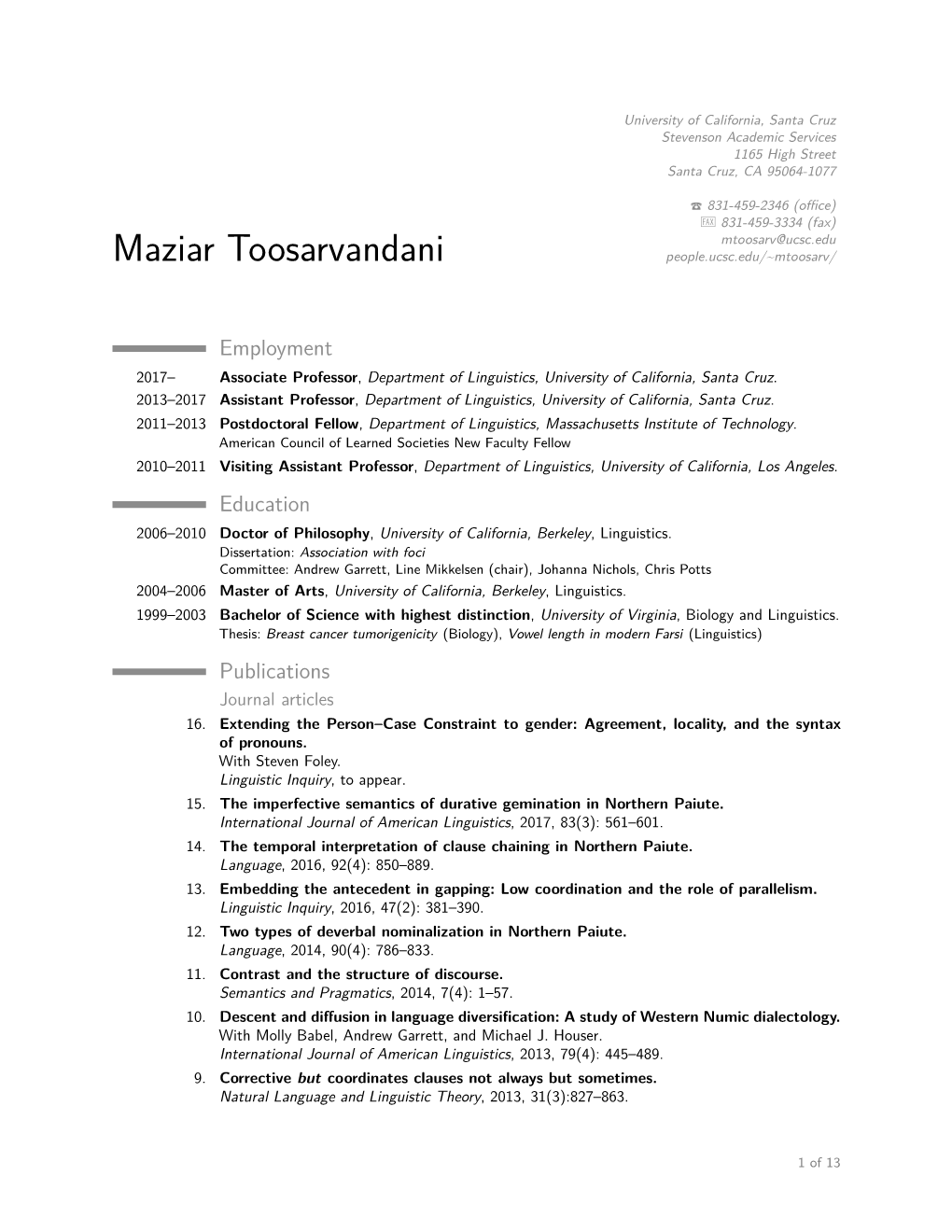 CV for Maziar Toosarvandani