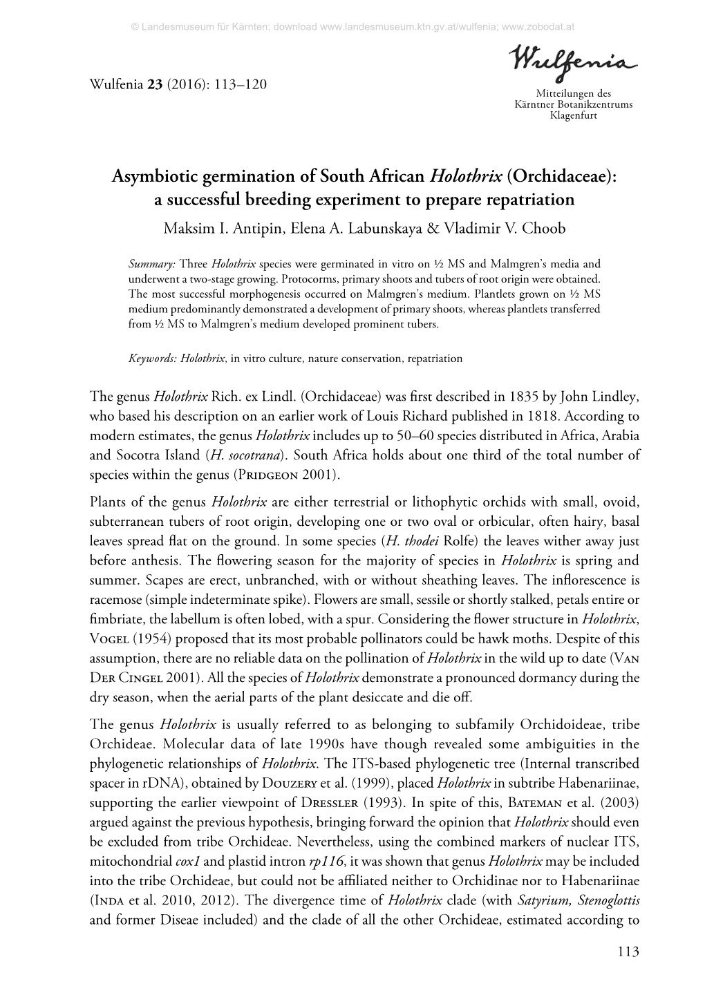 Asymbiotic Germination of South African Holothrix (Orchidaceae): a Successful Breeding Experiment to Prepare Repatriation Maksim I