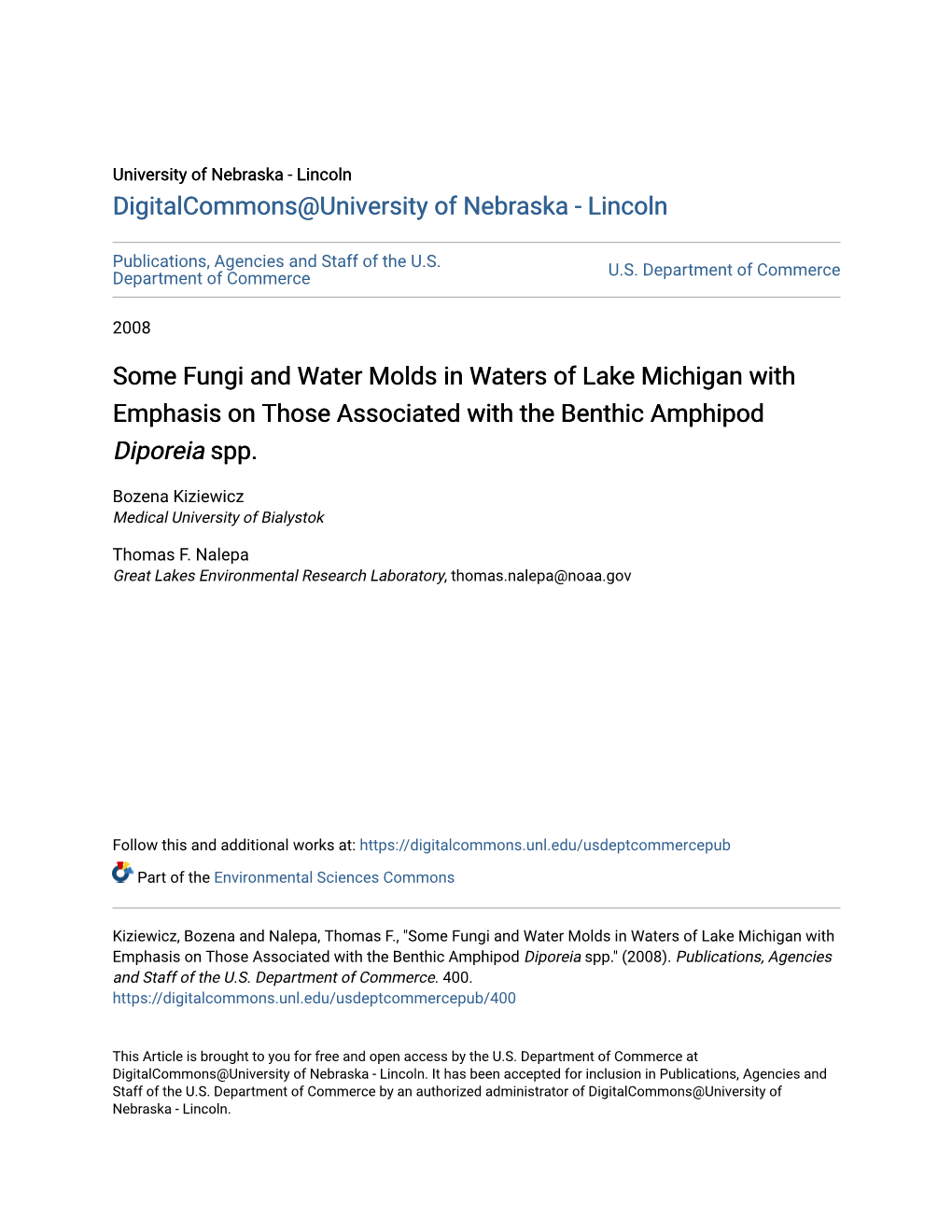 Some Fungi and Water Molds in Waters of Lake Michigan with Emphasis on Those Associated with the Benthic Amphipod Diporeia Spp