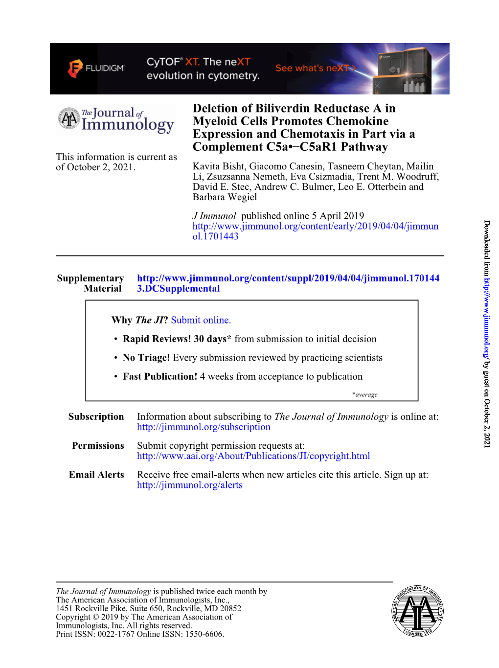 Deletion of Biliverdin Reductase a in Myeloid Cells Promotes Chemokine