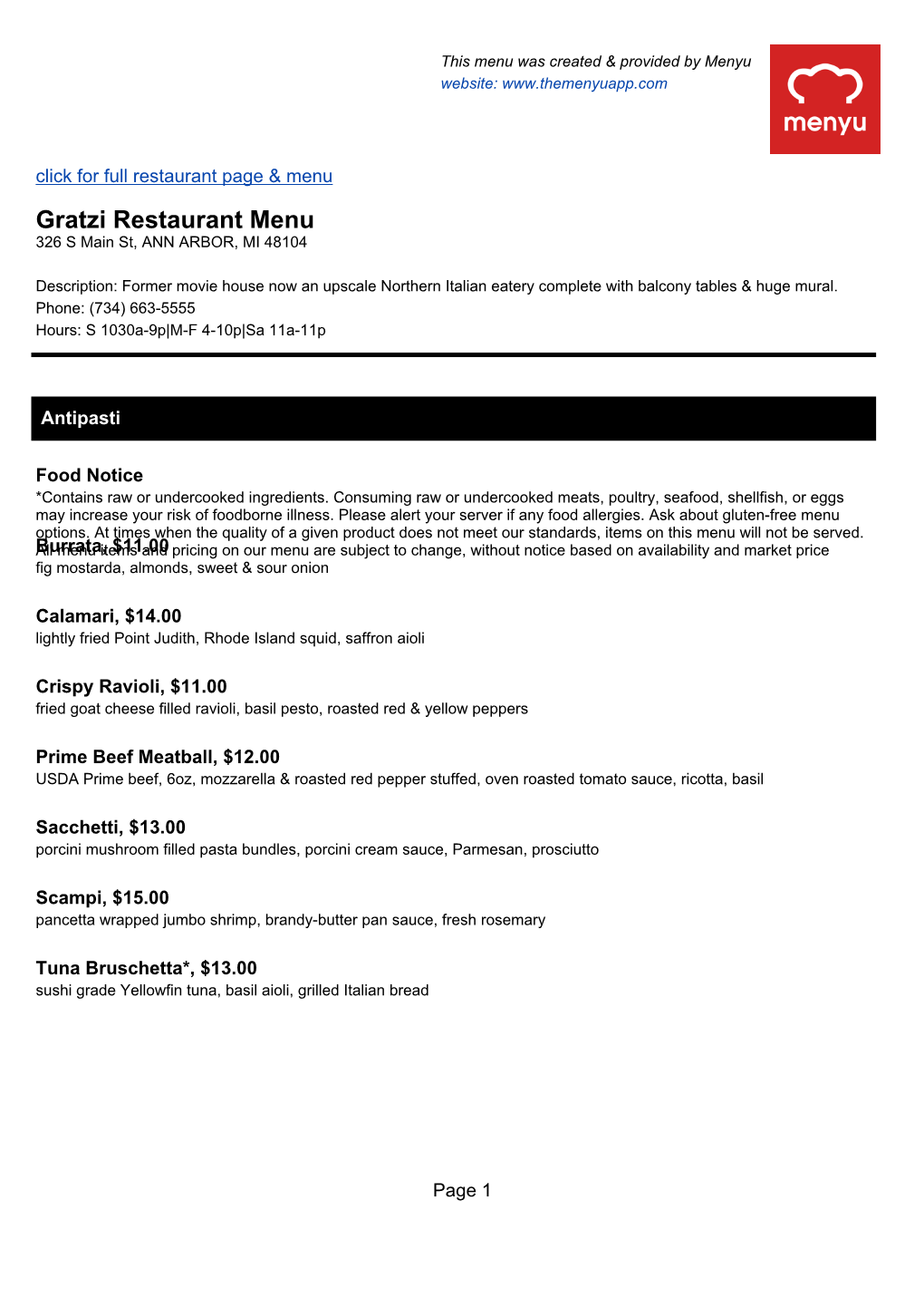 Gratzi Restaurant Menu 326 S Main St, ANN ARBOR, MI 48104