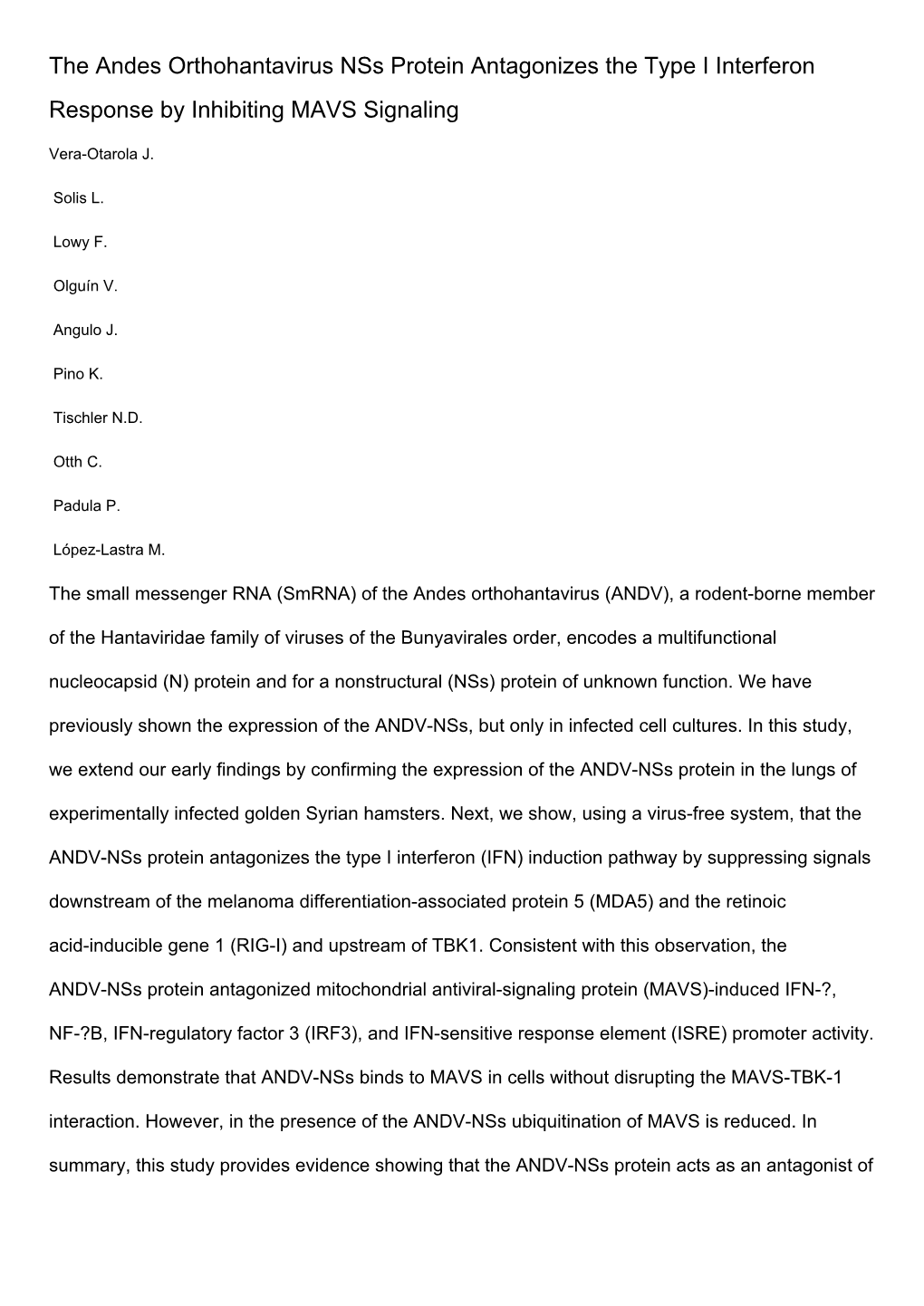 The Andes Orthohantavirus Nss Protein Antagonizes the Type I Interferon Response by Inhibiting MAVS Signaling