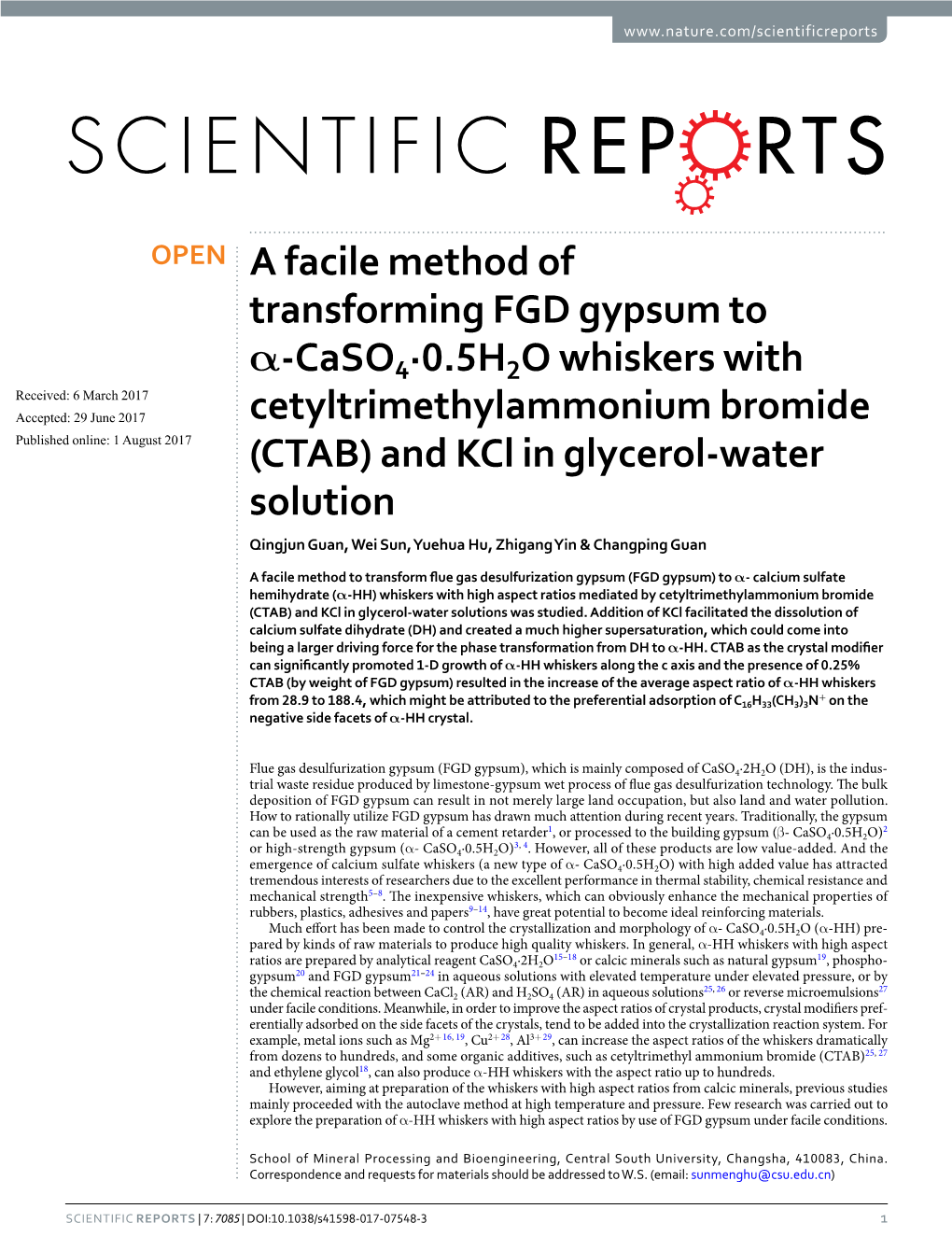 A Facile Method of Transforming FGD Gypsum to Α-Caso4·0.5