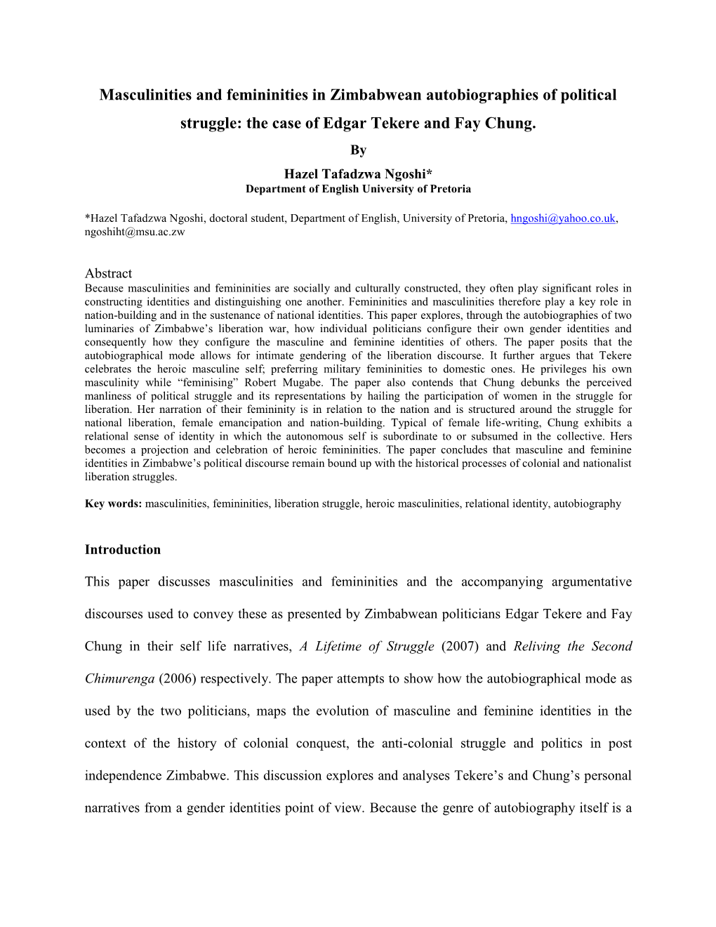 Masculinities and Femininities in Zimbabwean Autobiographies of Political Struggle: the Case of Edgar Tekere and Fay Chung