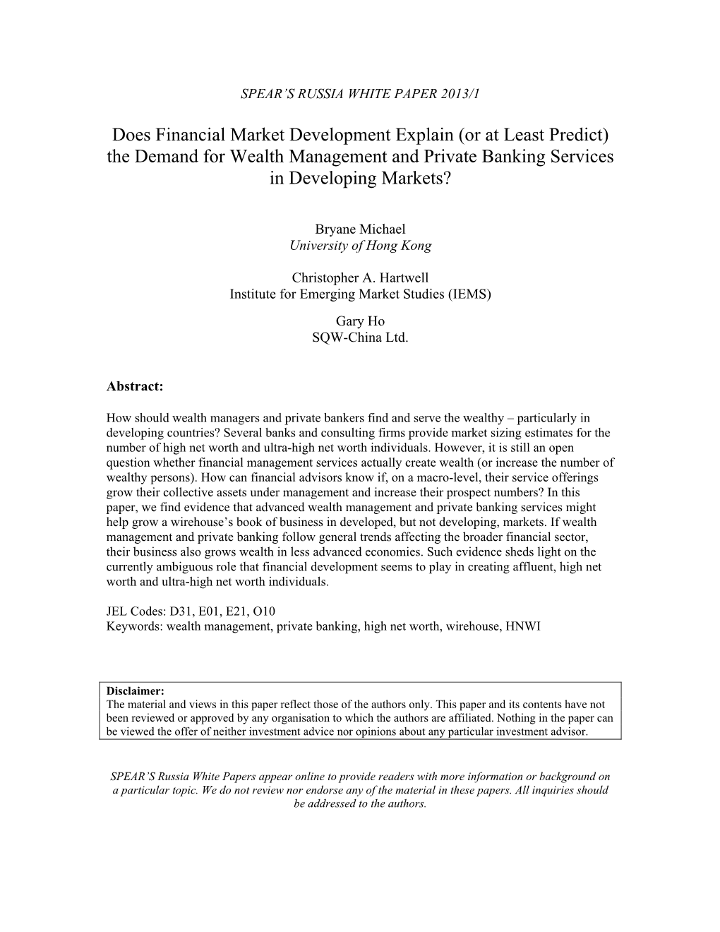 Does Financial Market Development Help Predict Demand for Private Banking and High Net Worth Advisors