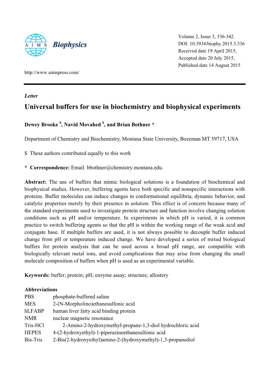 Universal Buffers for Use in Biochemistry and Biophysical Experiments