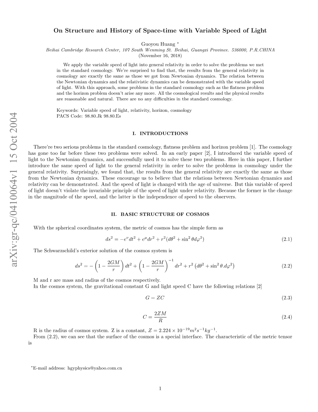 On Structure and History of Space-Time with Variable Speed of Light