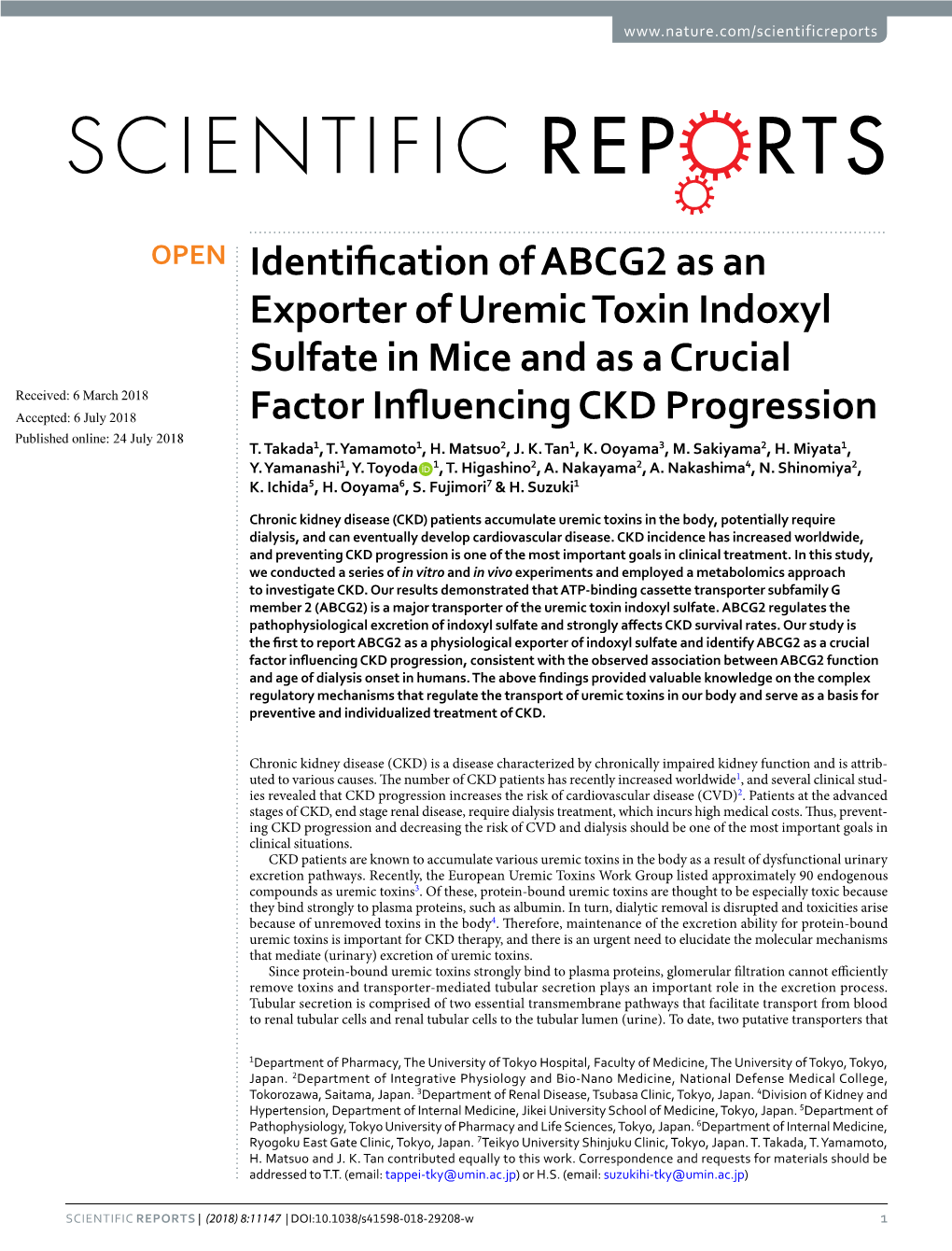 Identification of ABCG2 As an Exporter of Uremic Toxin Indoxyl Sulfate in Mice and As a Crucial Factor Influencing CKD Progressi
