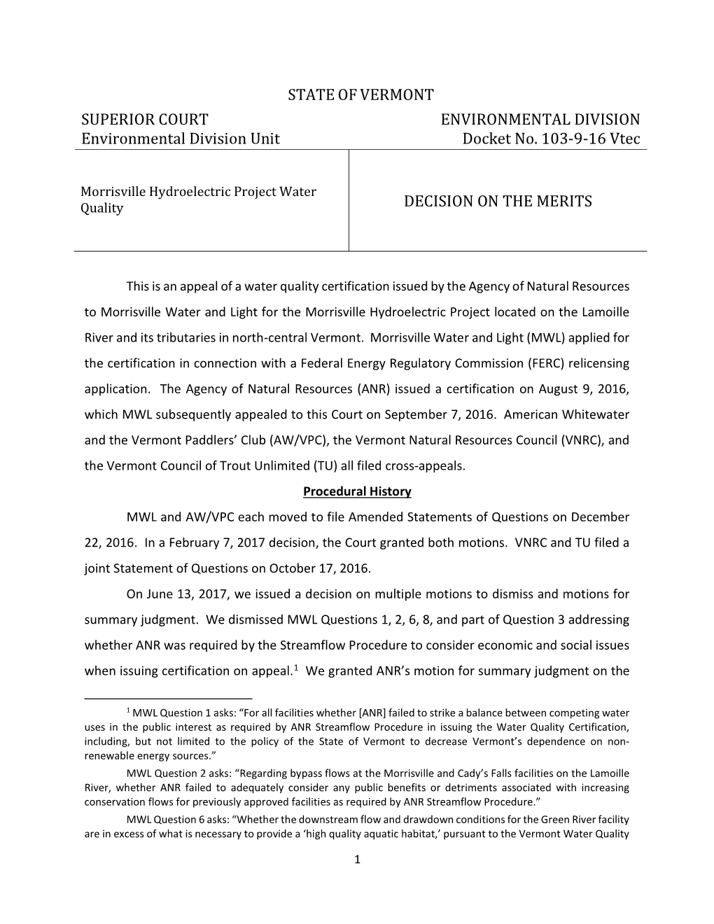 Morrisville Hydroelectric Project Water Quality DECISION on the MERITS