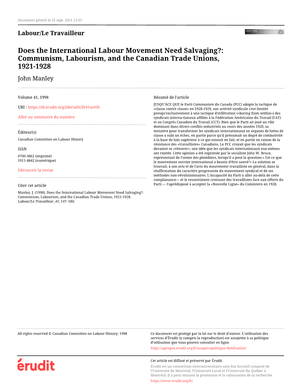 Communism, Labourism, and the Canadian Trade Unions, 1921-1928 John Manley