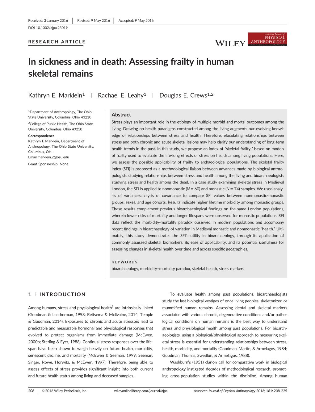 In Sickness and in Death: Assessing Frailty in Human Skeletal Remains