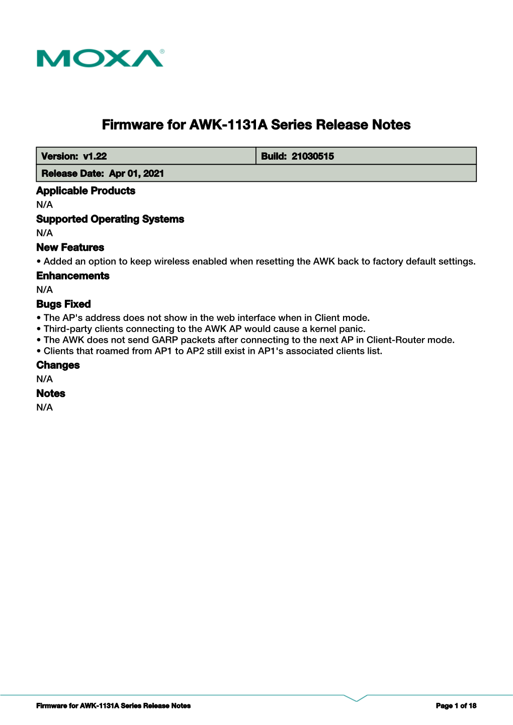 Firmware for AWK-1131A Series Release Notes