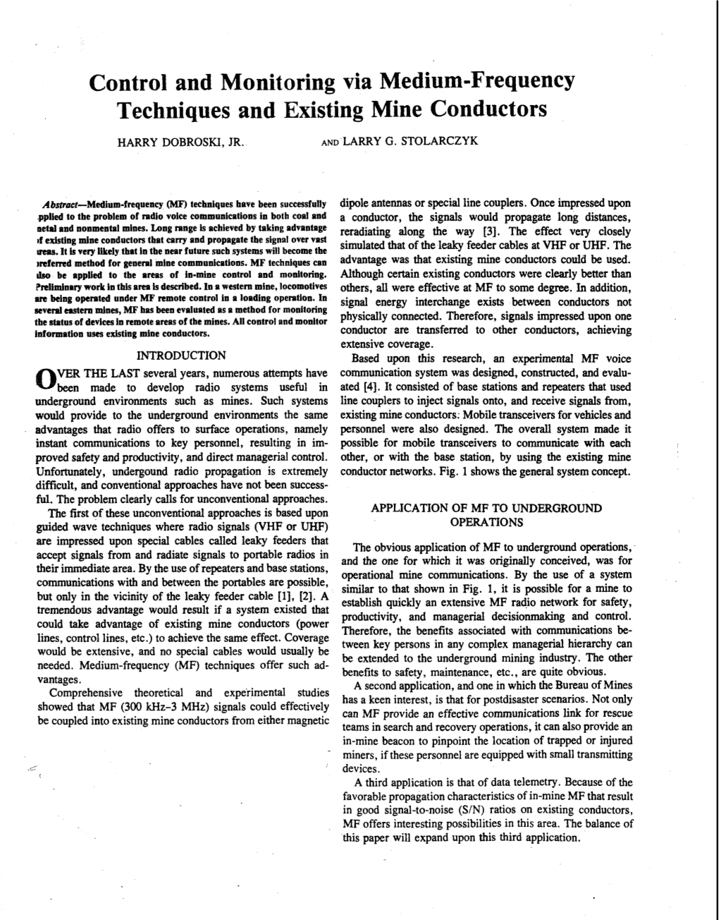 Control and Monitoring Via Medium-Frequency Techniques and Existing Mine Conductors