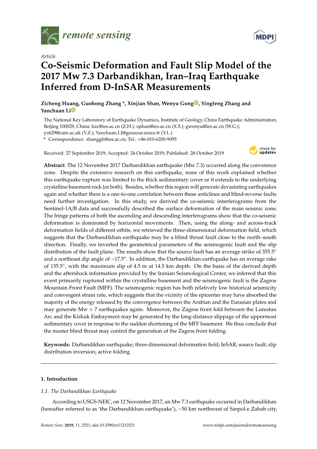 Co-Seismic Deformation and Fault Slip Model of the 2017 Mw 7.3 Darbandikhan, Iran–Iraq Earthquake Inferred from D-Insar Measurements