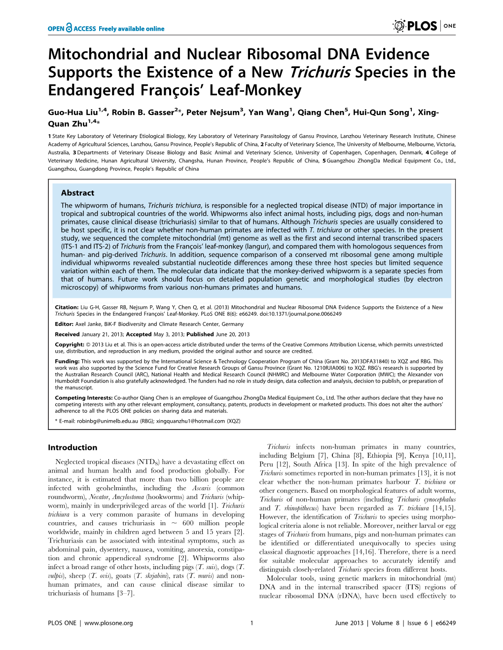 Mitochondrial and Nuclear Ribosomal DNA Evidence Supports the Existence of a New Trichuris Species in the Endangered Franc¸Ois’ Leaf-Monkey