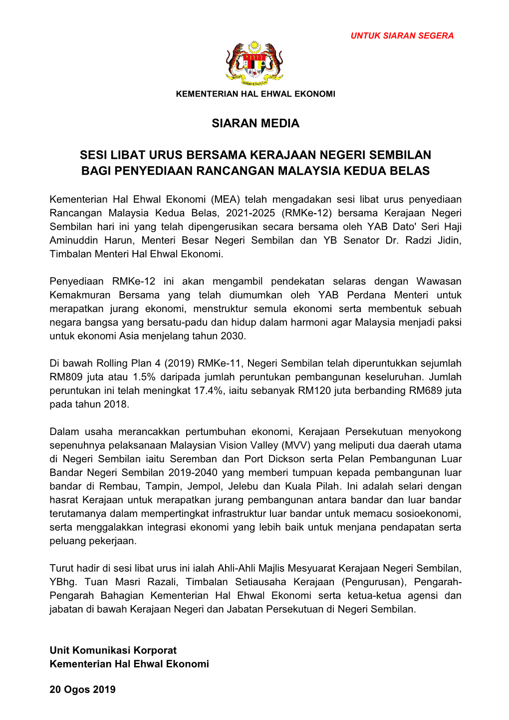 Siaran Media Sesi Libat Urus Bersama Kerajaan Negeri Sembilan Bagi Penyediaan Rancangan Malaysia Kedua Belas