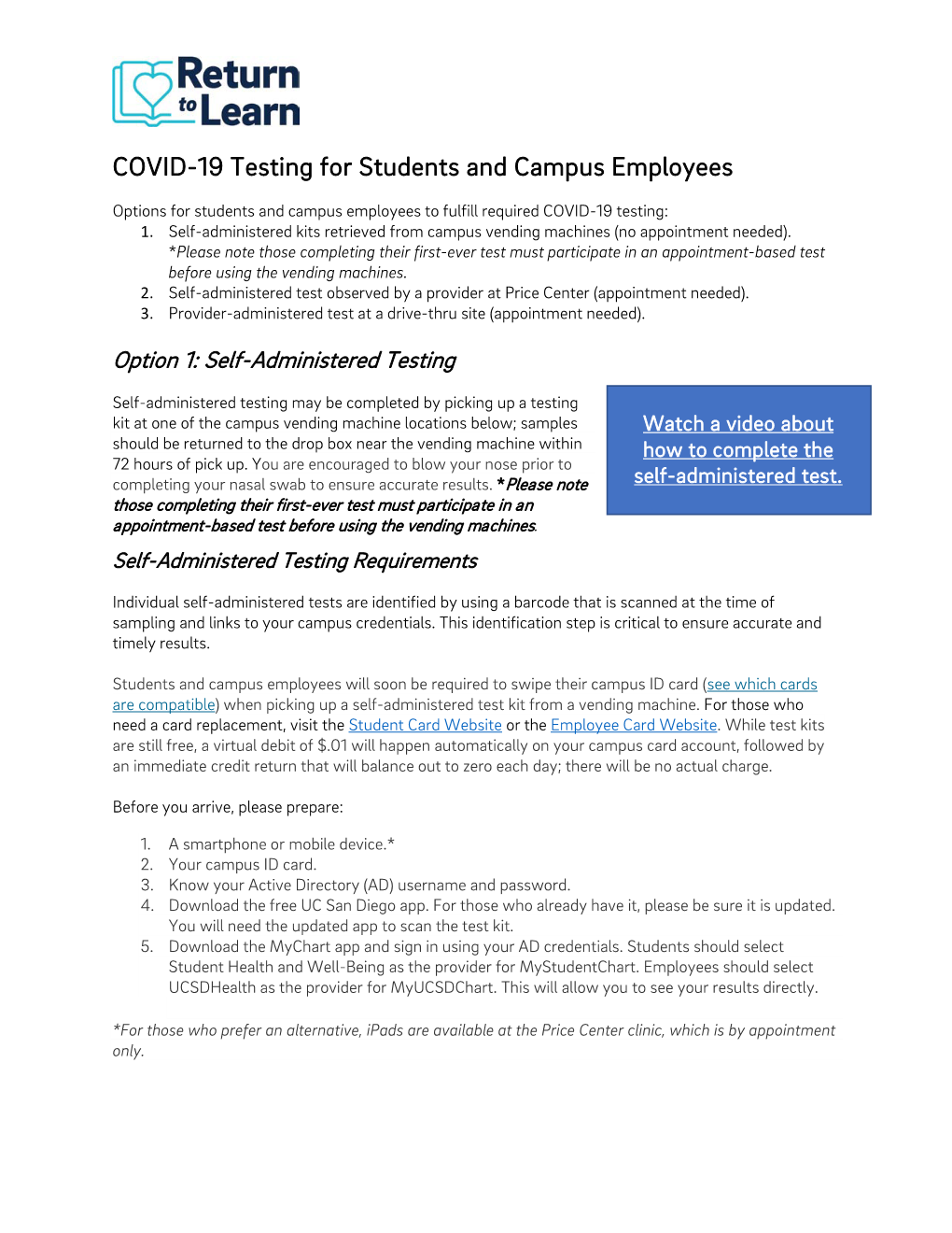 COVID-19 Testing for Students and Campus Employees