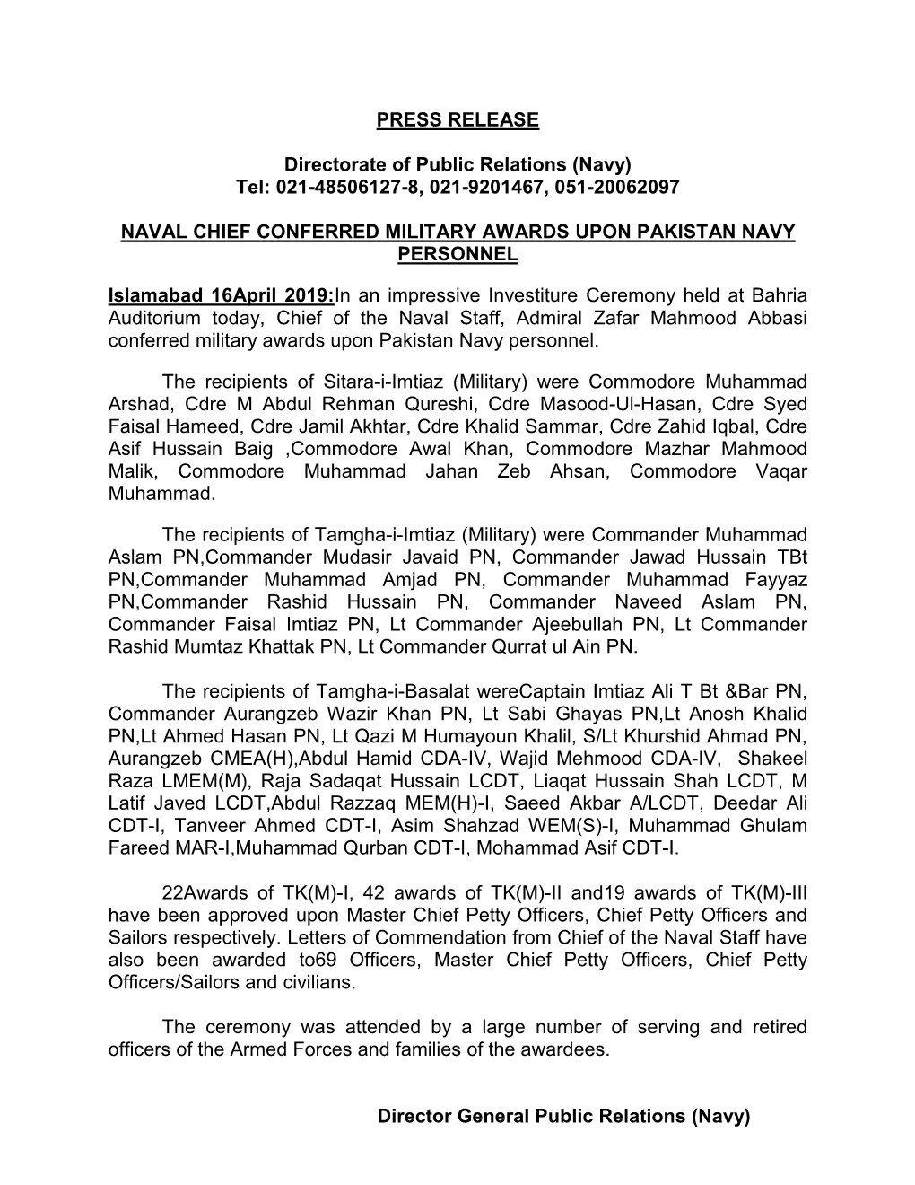 PRESS RELEASE Directorate of Public Relations