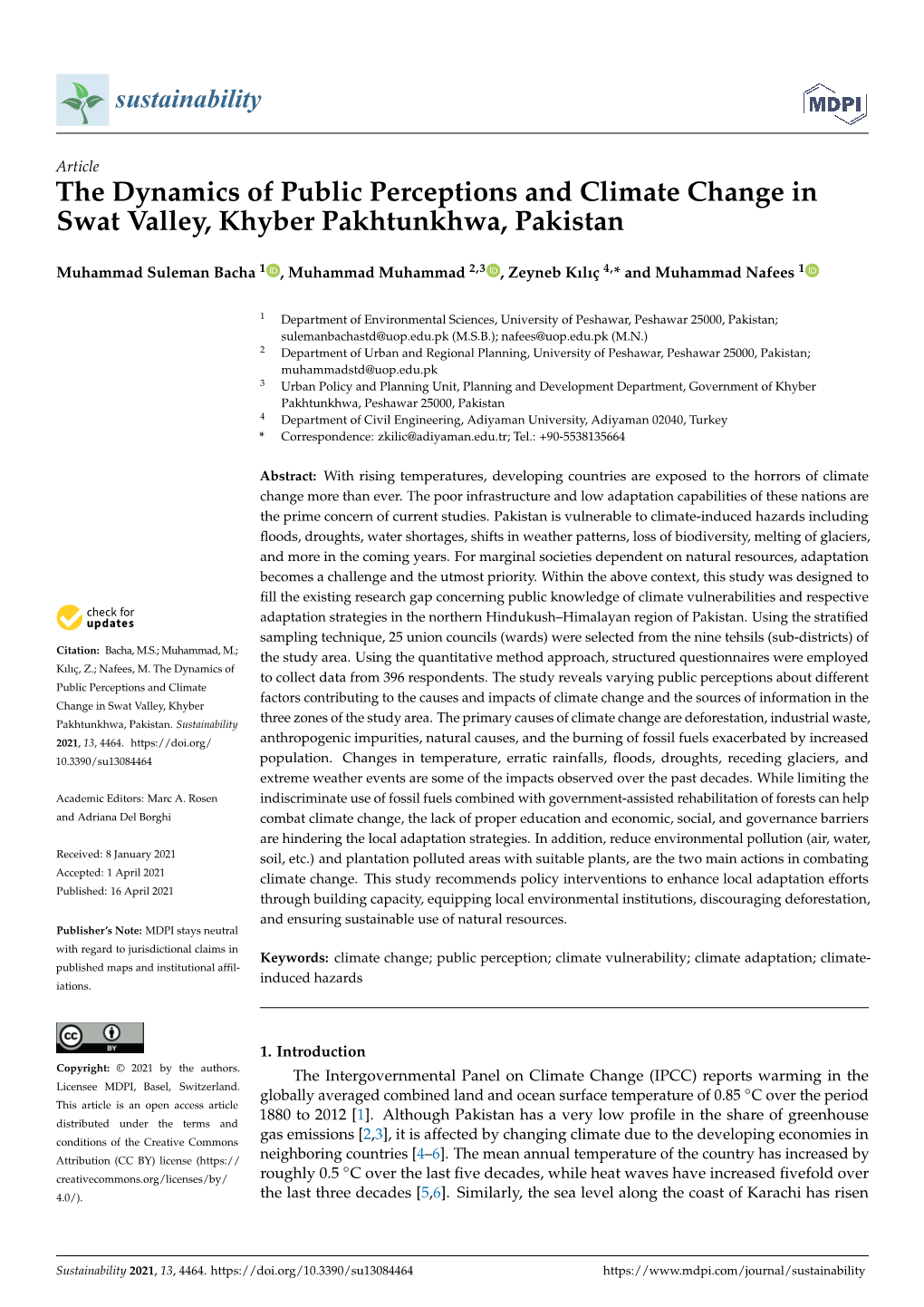 The Dynamics of Public Perceptions and Climate Change in Swat Valley, Khyber Pakhtunkhwa, Pakistan