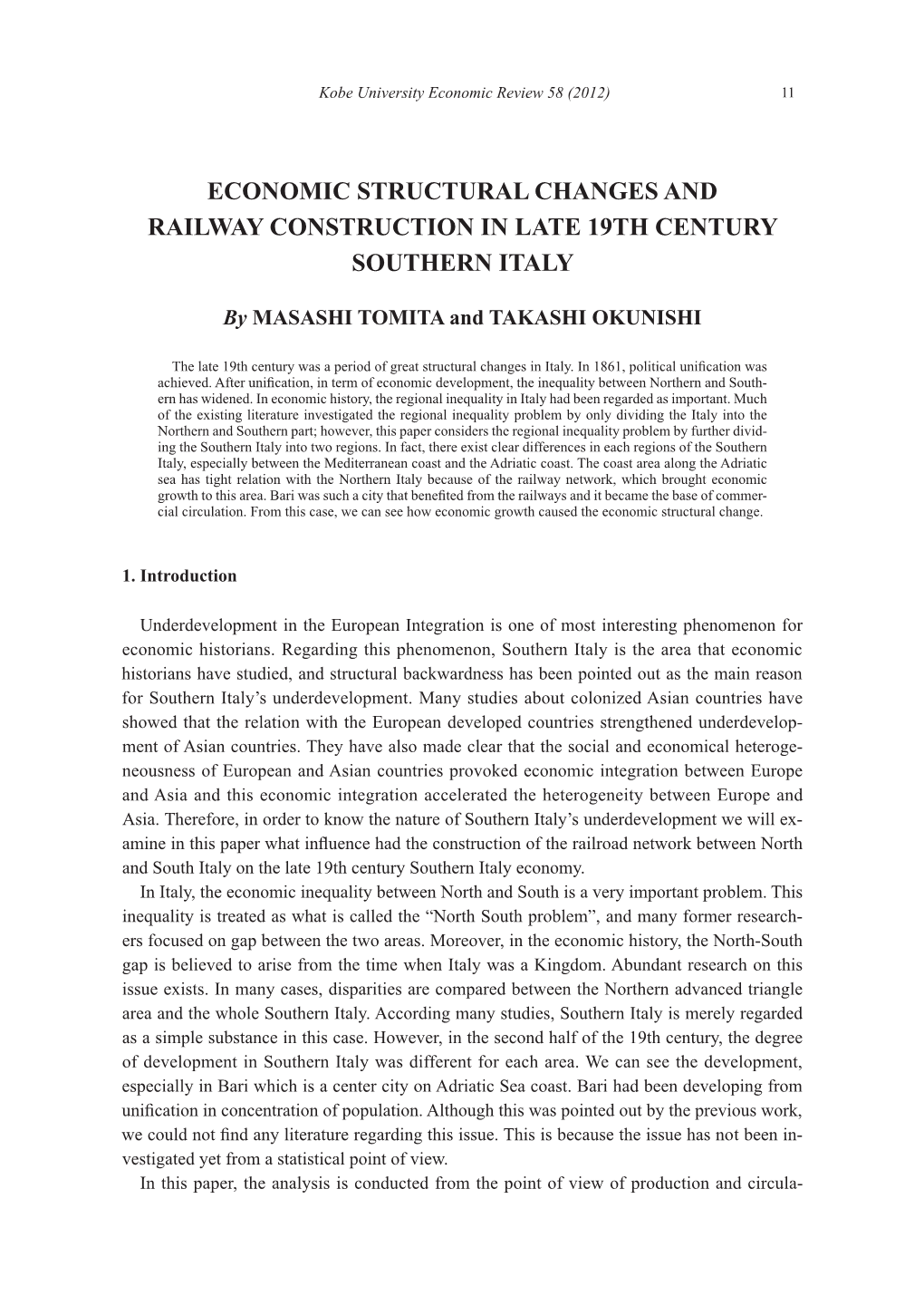 Economic Structural Changes and Railway Construction in Late 19Th Century Southern Italy