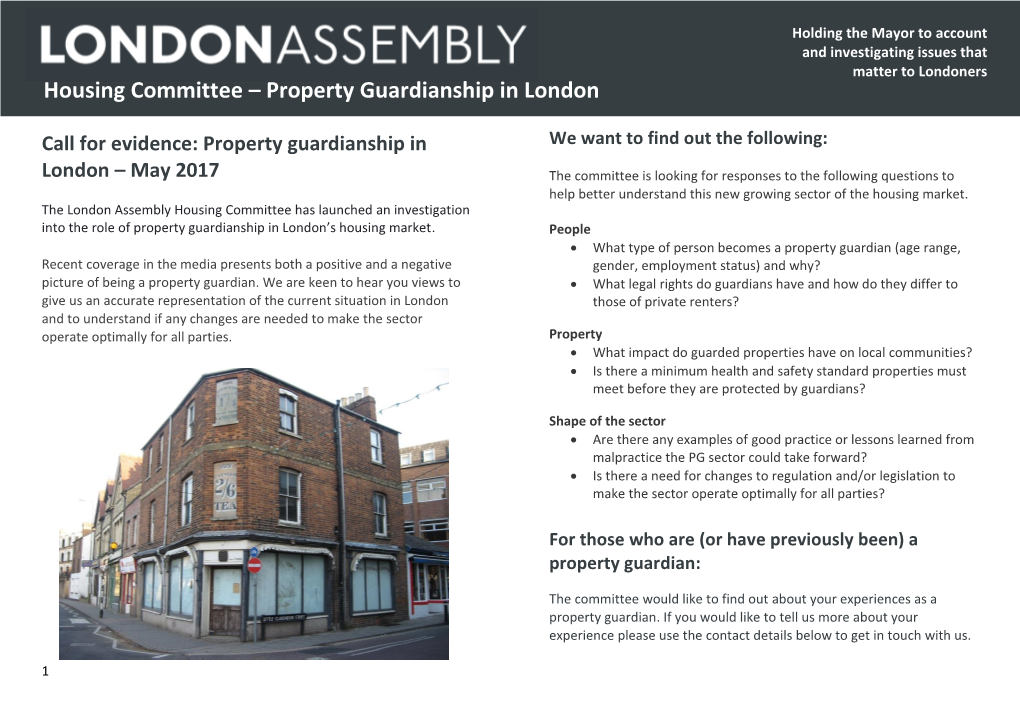 Housing Committee – Property Guardianship in London