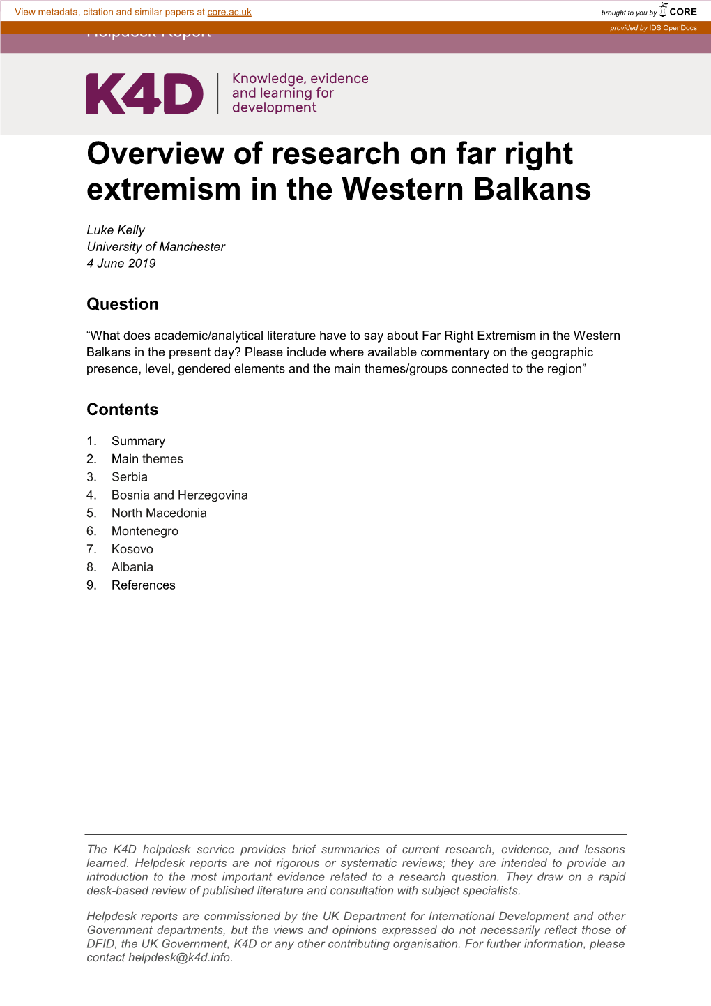 Overview of Research on Far Right Extremism in the Western Balkans