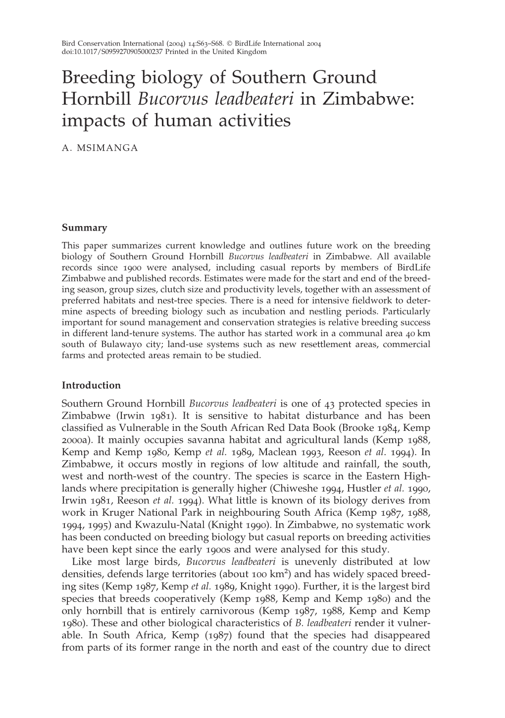 Breeding Biology of Southern Ground Hornbill Bucorvus Leadbeateri in Zimbabwe: Impacts of Human Activities