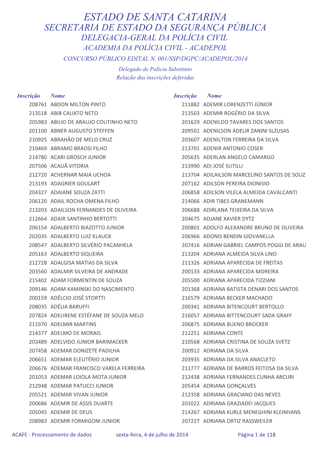 Estado De Santa Catarina Secretaria De Estado Da Segurança Pública Delegacia-Geral Da Polícia Civil Academia Da Polícia Civil - Acadepol Concurso Público Edital N