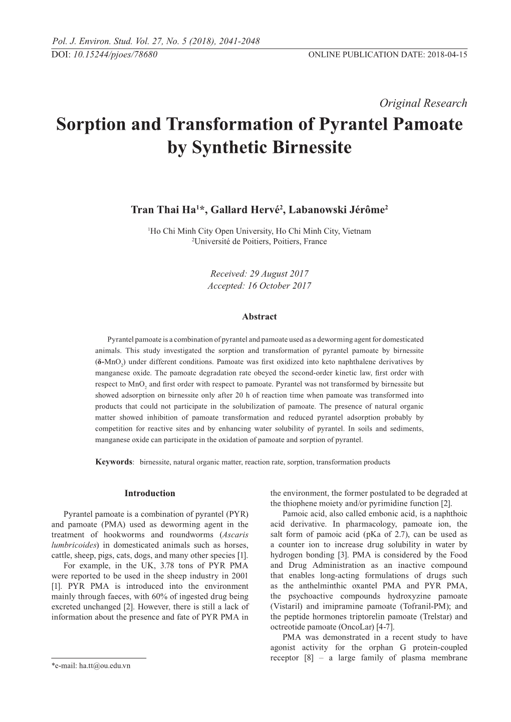 Sorption and Transformation of Pyrantel Pamoate by Synthetic Birnessite