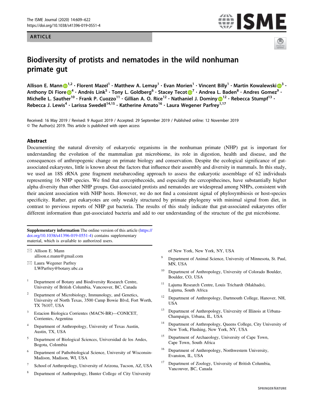 Biodiversity of Protists and Nematodes in the Wild Nonhuman Primate Gut