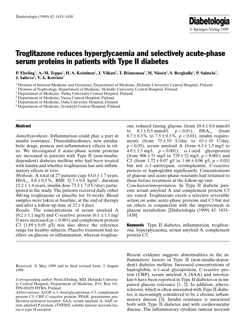 Troglitazone Reduces Hyperglycaemia and Selectively Acute-Phase Serum Proteins in Patients with Type II Diabetes