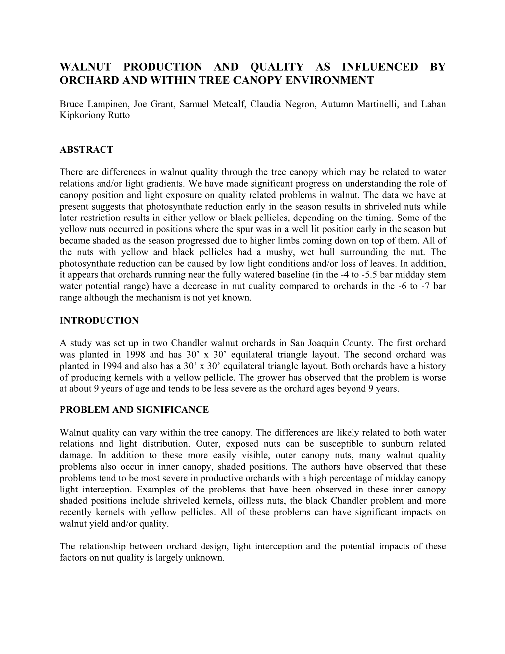 Walnut Production and Quality As Influenced by Orchard and Within Tree Canopy Environment