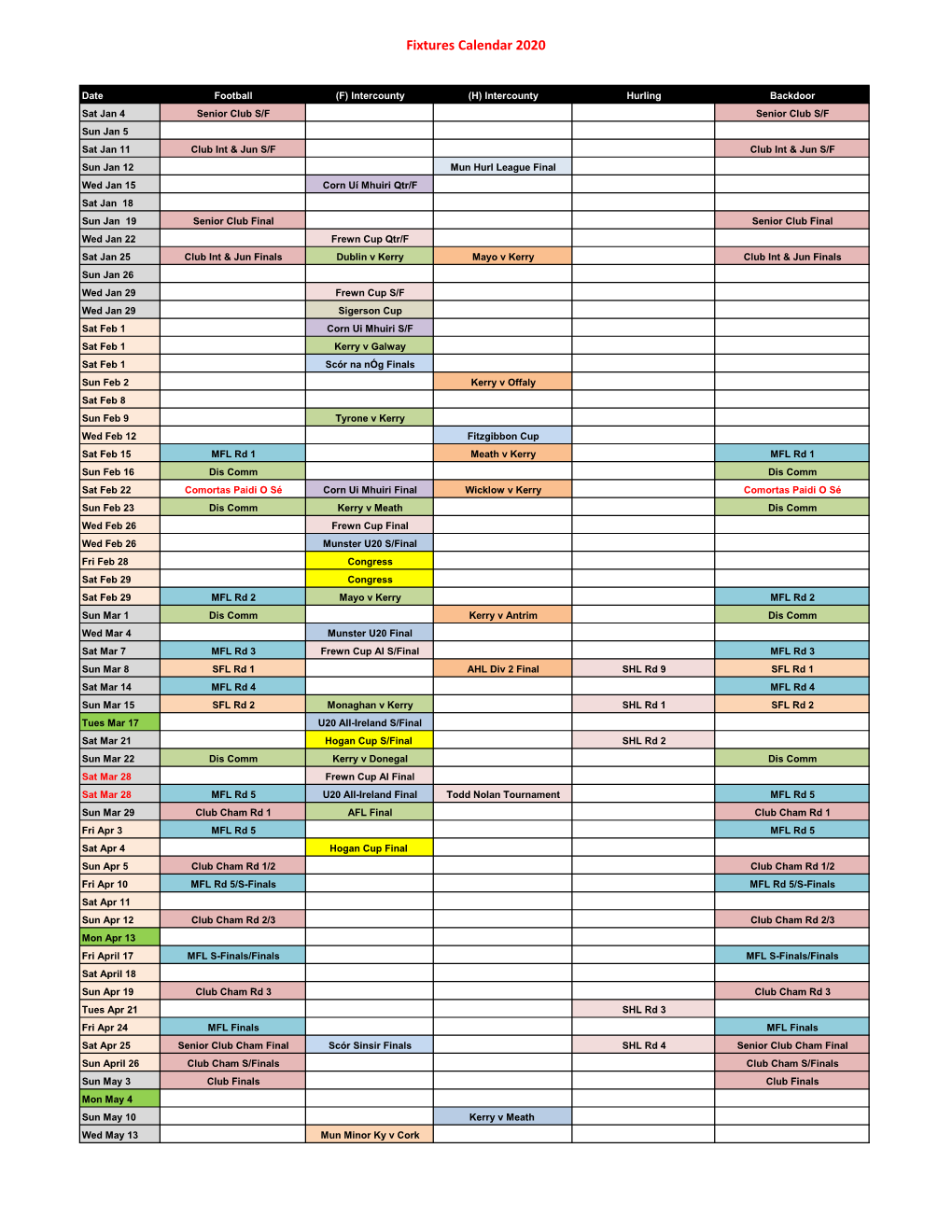 Fixtures Calendar 2020