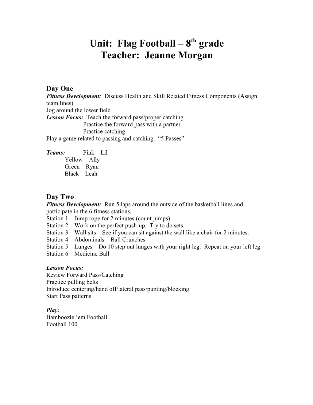 Lesson Plans for Flag Football 4Th 6Th