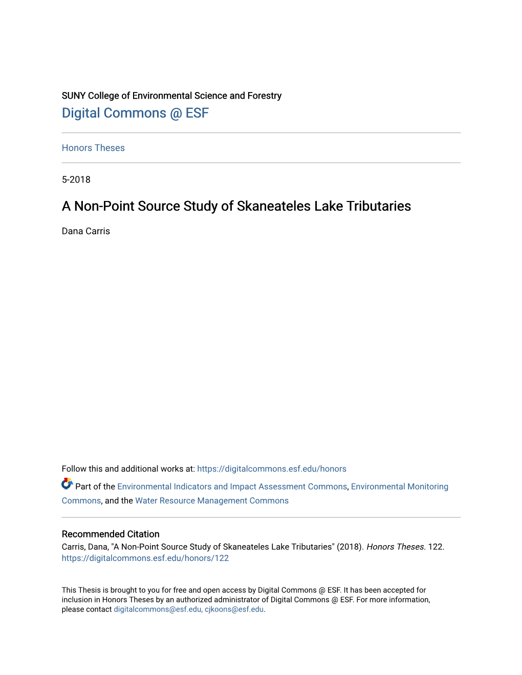 A Non-Point Source Study of Skaneateles Lake Tributaries