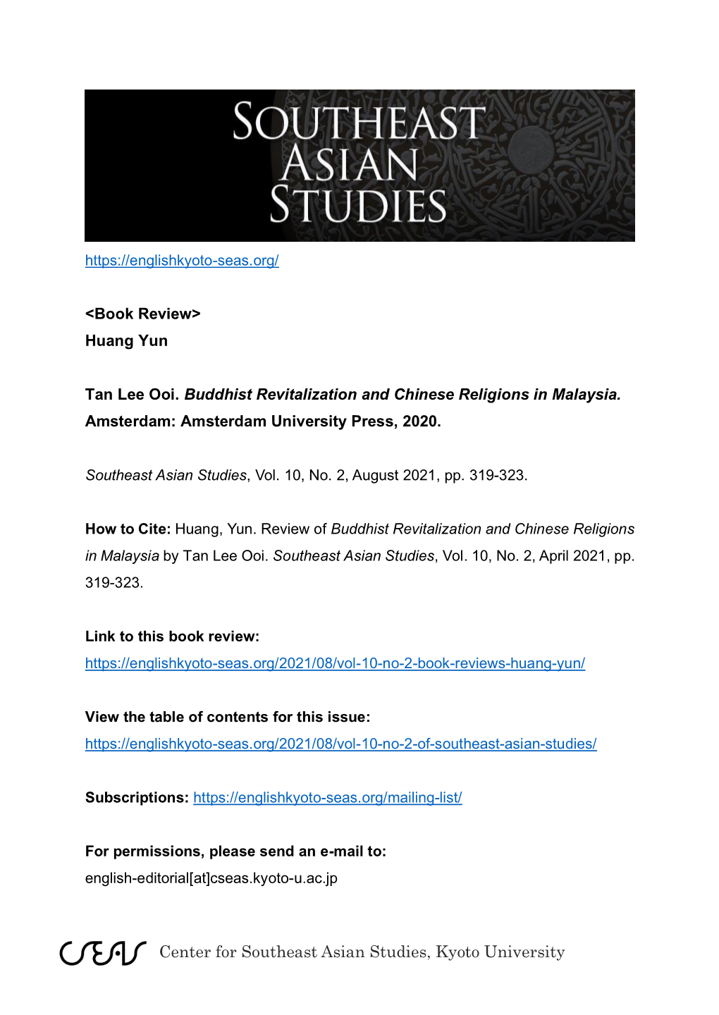 Center for Southeast Asian Studies, Kyoto University Book Reviews 319