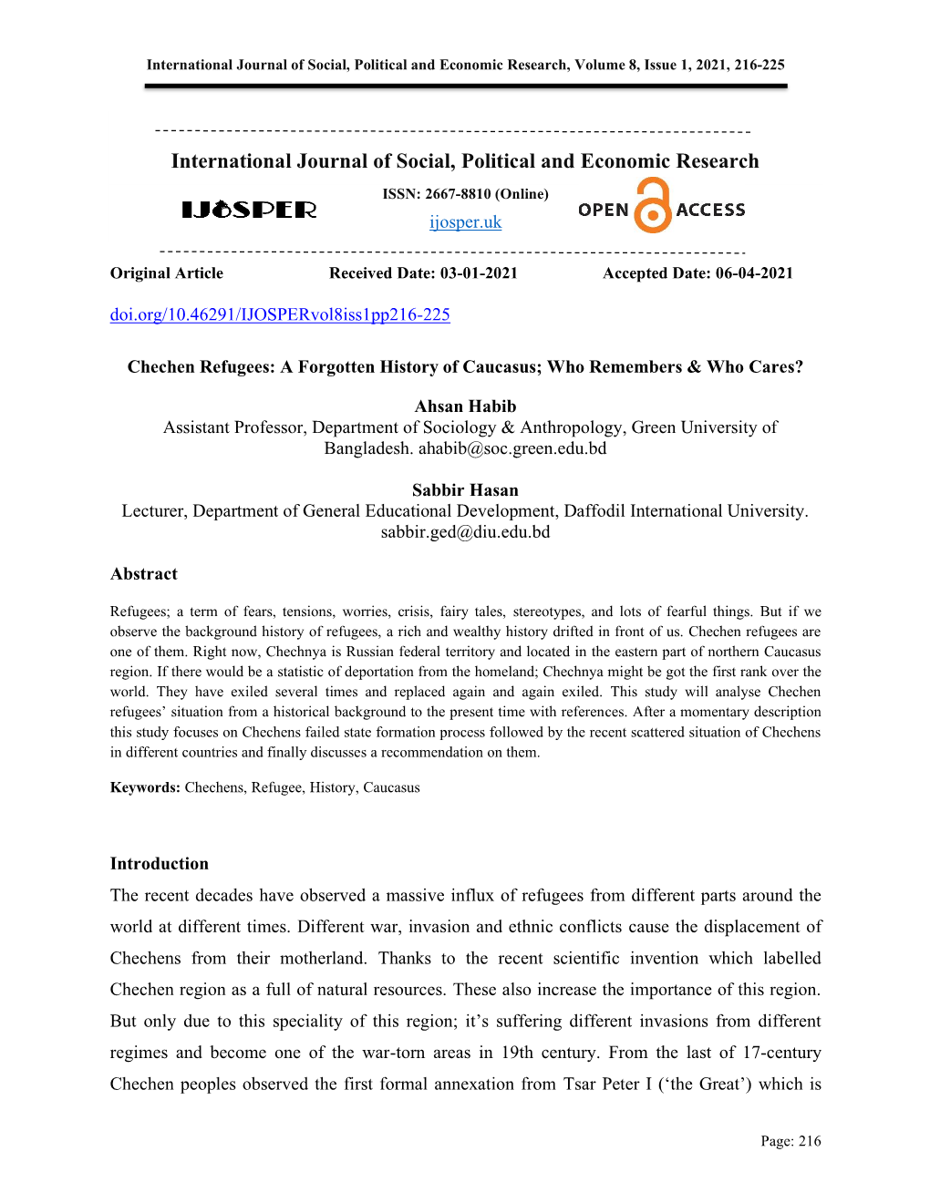 International Journal of Social, Political and Economic Research, Volume 8, Issue 1, 2021, 216-225