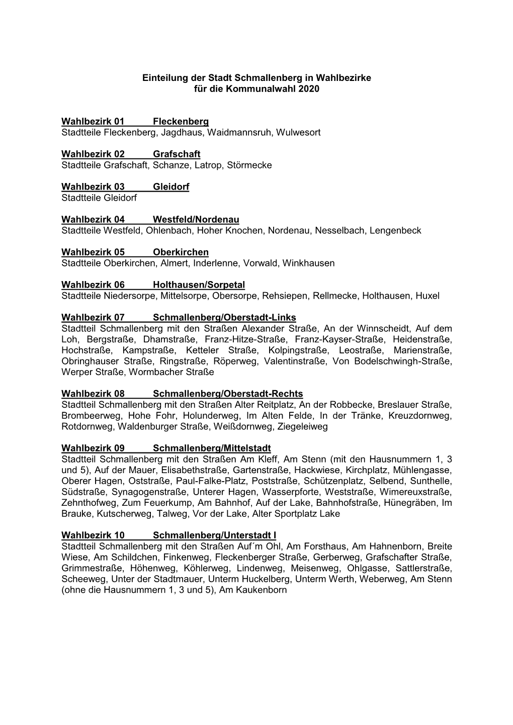 Einteilung Der Stadt Schmallenberg in Wahlbezirke Für Die Kommunalwahl 2020