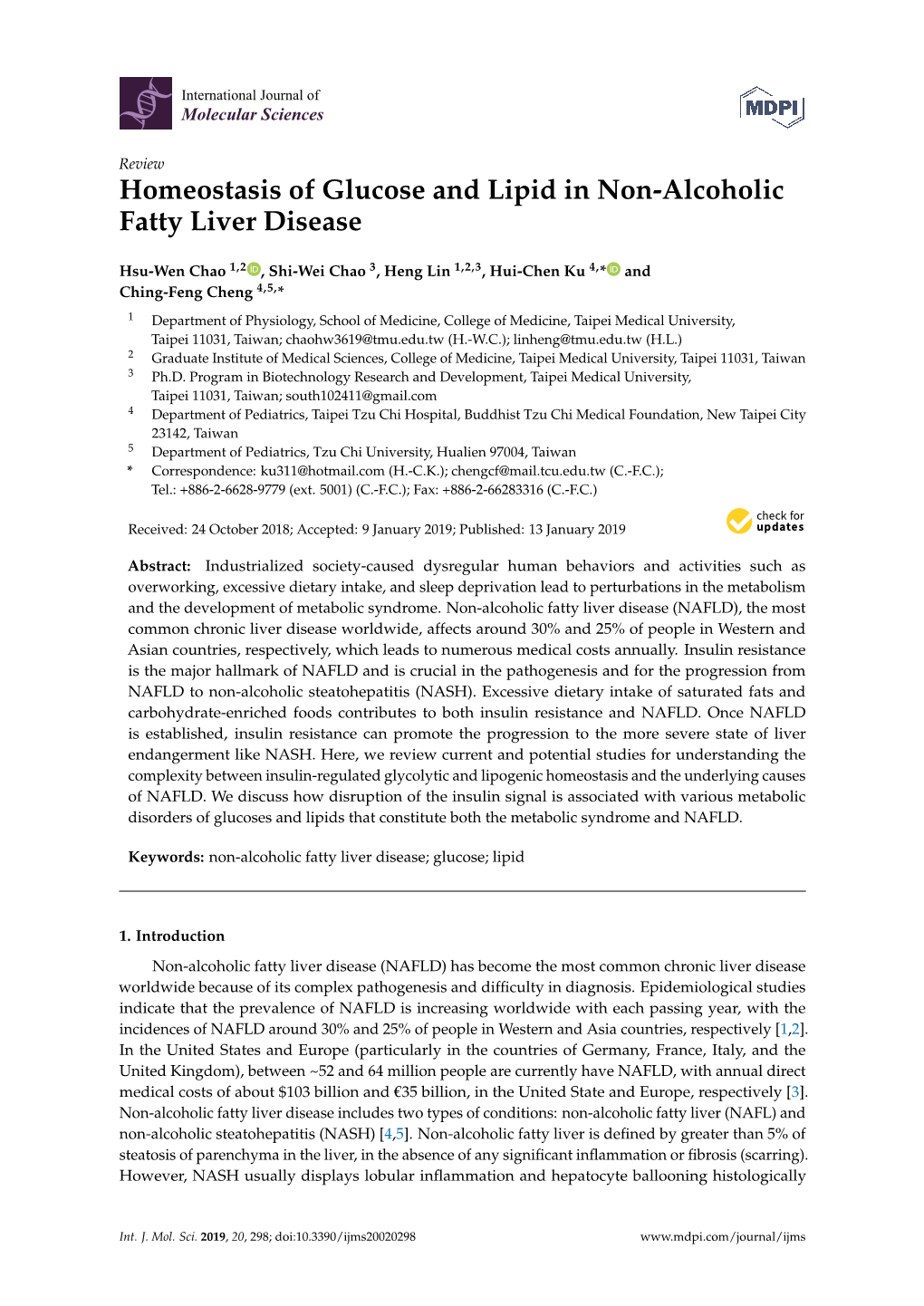 Homeostasis of Glucose and Lipid in Non-Alcoholic Fatty Liver Disease