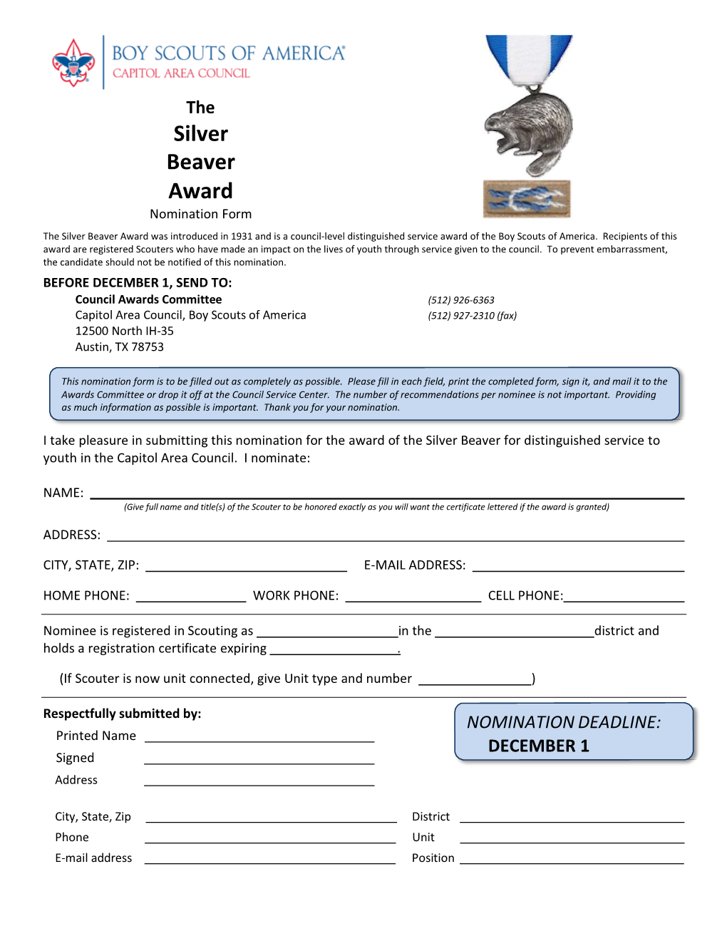 Silver Beaver Award Nomination Form