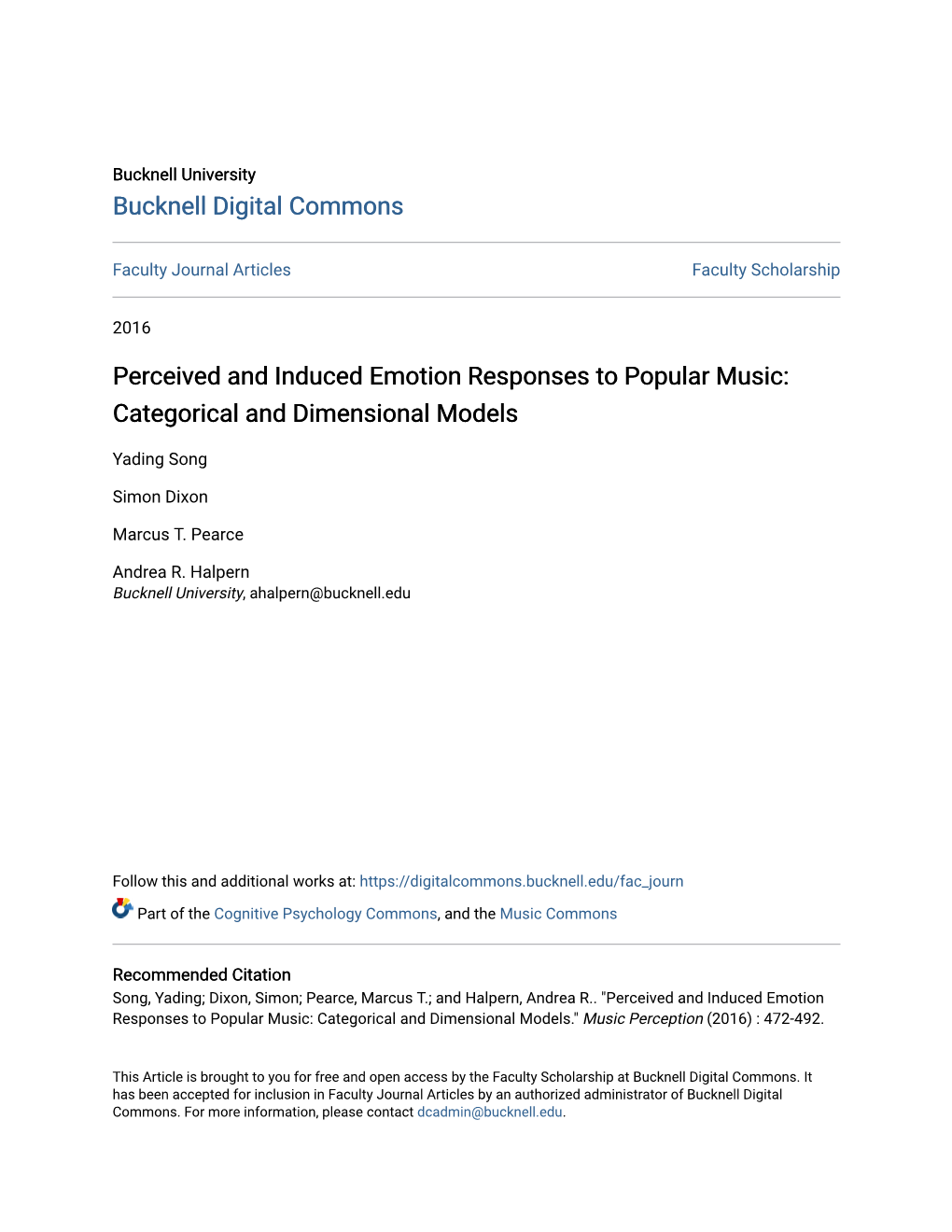 Perceived and Induced Emotion Responses to Popular Music: Categorical and Dimensional Models