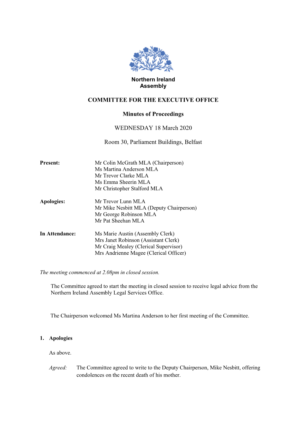 COMMITTEE for the EXECUTIVE OFFICE Minutes of Proceedings